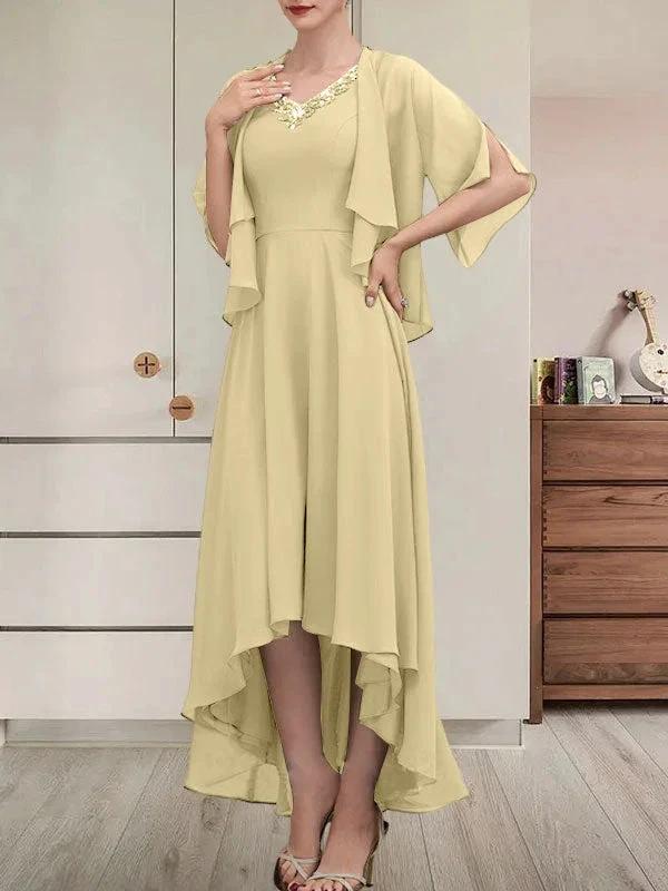 A-line V-Neck Asymmetrical Chiffon Mother of the Bride Dress With Beading Sequins by Dreamylily