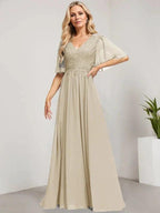 A-line V-Neck Floor-Length Lace Chiffon Mother of the Bride Dress With Sequins by Dreamylily