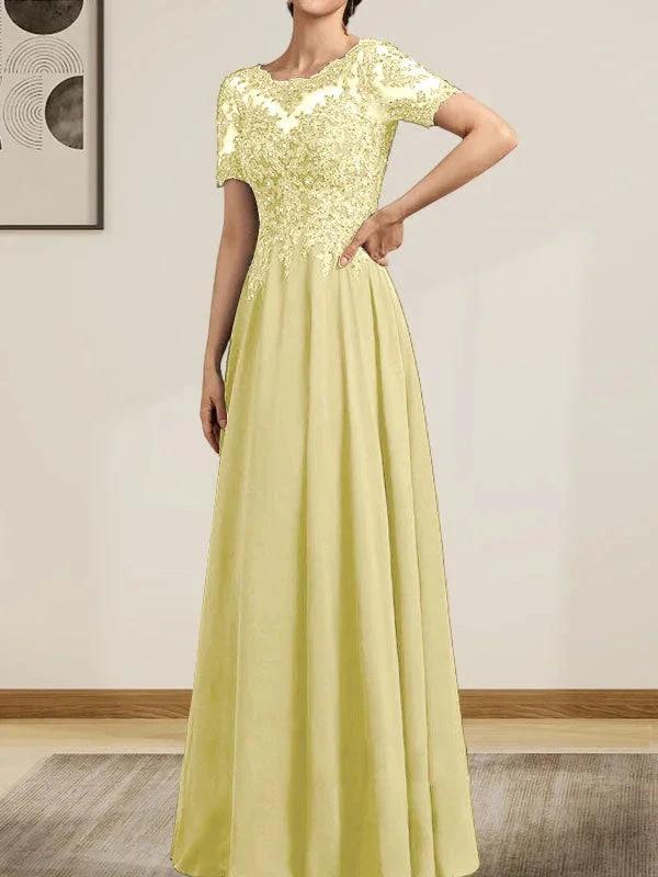 A-line Scoop Illusion Floor-Length Chiffon Lace Mother of the Bride Dress With Sequins Beading by Dreamylily