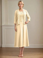 A-line Scoop Tea-Length Lace Chiffon Mother of the Bride Dress by Dreamylily