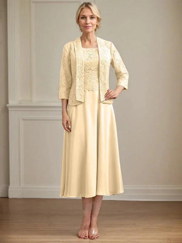 A-line Scoop Tea-Length Lace Chiffon Mother of the Bride Dress by Dreamylily