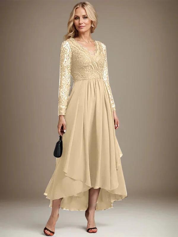 A-line V-Neck Asymmetrical Lace Chiffon Mother of the Bride Dress by Dreamylily