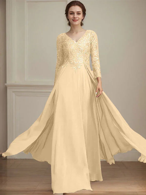 A-line V-Neck Floor-Length Lace Chiffon Mother of the Bride Dress With Sequins by Dreamylily