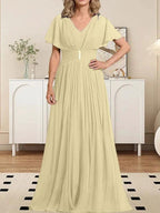 A-line V-Neck Floor-Length Chiffon Mother of the Bride Dress With Crystal Brooch Pleated by Dreamylily
