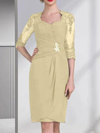 Sheath/Column Sweetheart Knee-Length Chiffon Mother of the Bride Dress With Beading Appliques Lace Sequins Pleated by Dreamylily