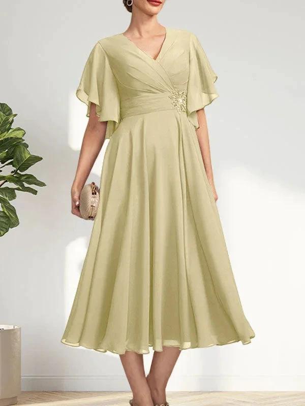 A-line V-Neck Tea-Length Chiffon Mother of the Bride Dress With Pleated Beading by Dreamylily