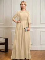 A-line Scoop Illusion Floor-Length Lace Chiffon Mother of the Bride Dress With Pleated by Dreamylily