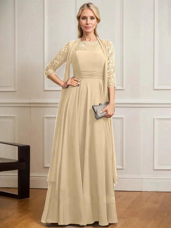 A-line Scoop Illusion Floor-Length Lace Chiffon Mother of the Bride Dress With Pleated by Dreamylily