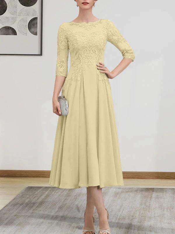 A-line Scoop Illusion Tea-Length Chiffon Lace Mother of the Bride Dress With Beading Sequins by Dreamylily