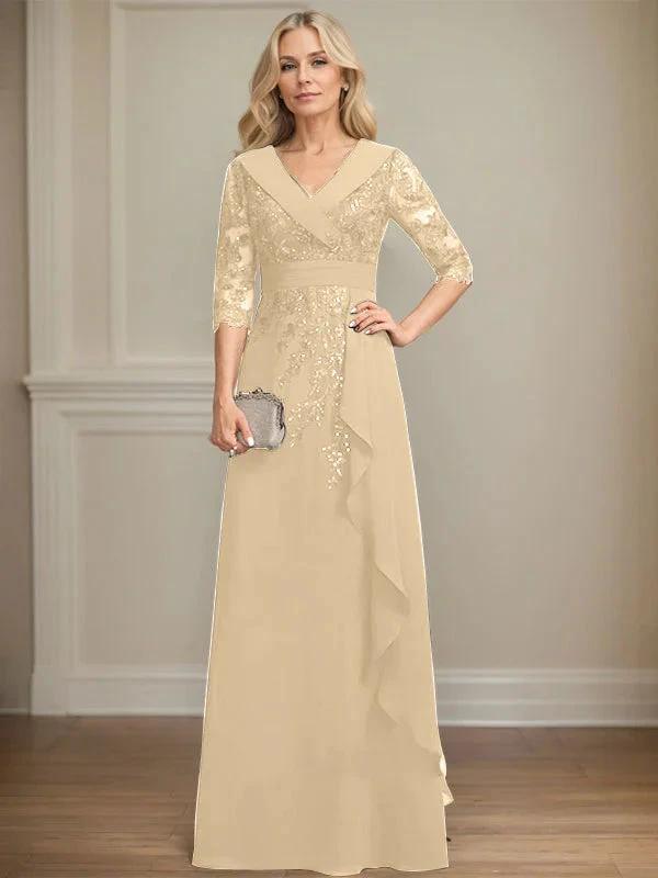 A-line Collared V-Neck Floor-Length Lace Chiffon Mother of the Bride Dress With Sequins Cascading Ruffles by Dreamylily