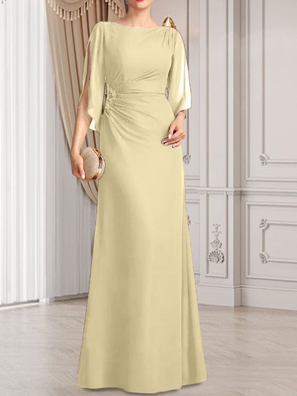 Etui-Linie/Säule U-Ausschnitt Bodenlang Chiffon Kleid für die Brautmutter mit Plissee Perlenbesatz