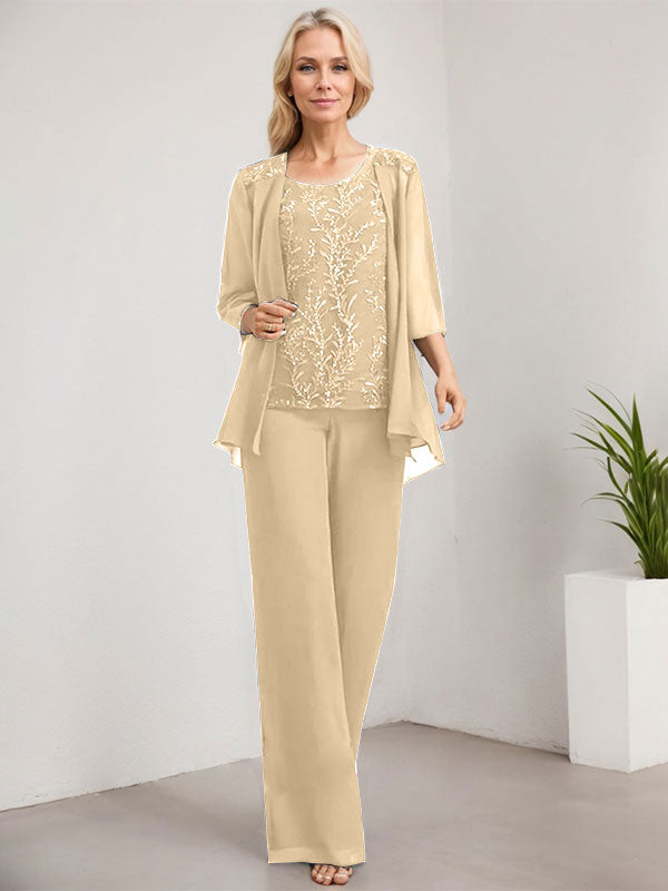 Separates Jumpsuit/Pantsuit Scoop Floor-Length Lace Chiffon Mother of the Bride Dress With Sequins