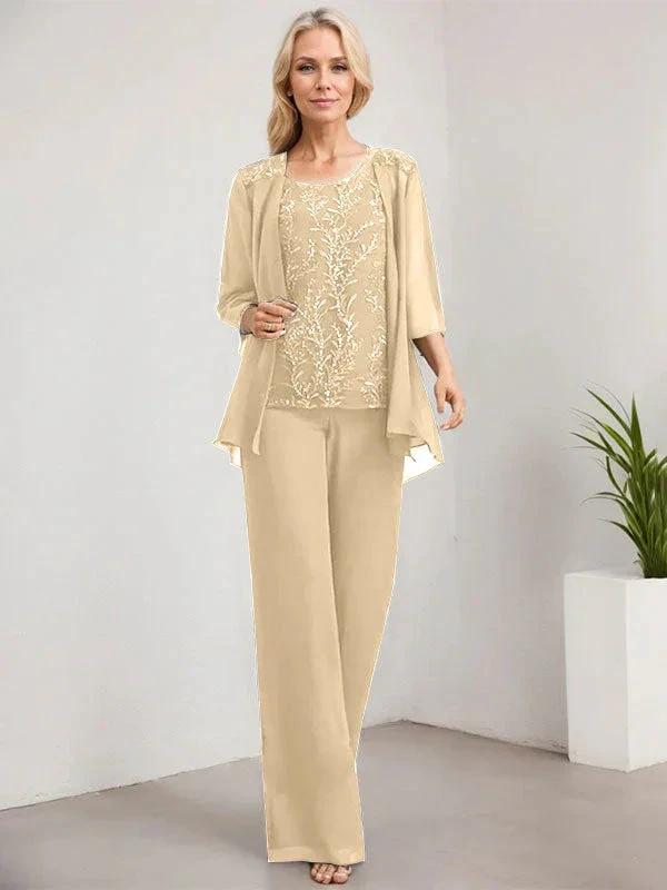 Separates Jumpsuit/Pantsuit Scoop Floor-Length Lace Chiffon Mother of the Bride Dress With Sequins by Dreamylily