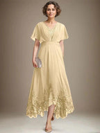 A-line V-Neck Asymmetrical Lace Chiffon Mother of the Bride Dress With Pleated by Dreamylily