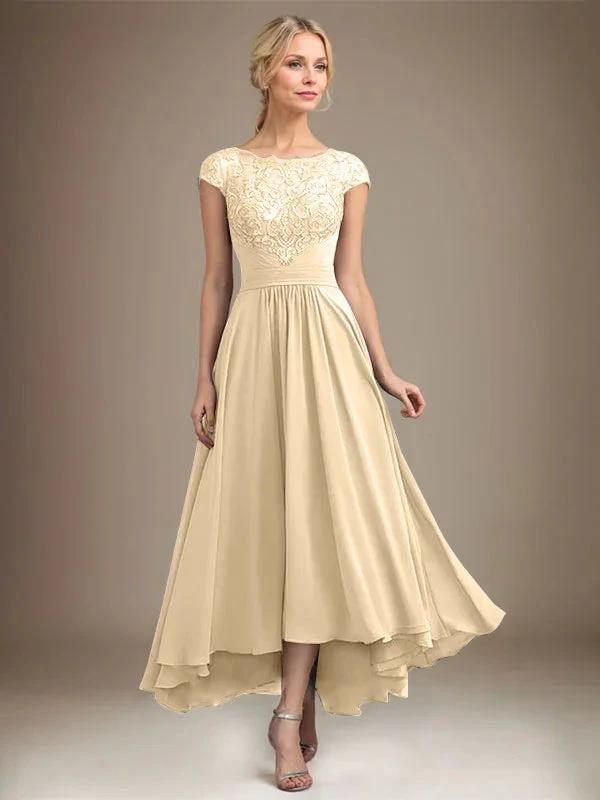 A-line Scoop Illusion Asymmetrical Lace Chiffon Mother of the Bride Dress With Pleated by Dreamylily