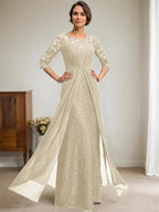 A-Line Scoop Illusion Floor-Length Lace Chiffon Mother Of the Bride Dress With Beading Ruffles by Dreamylily