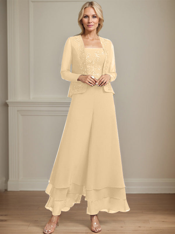 Separates Jumpsuit/Pantsuit Square Ankle-Length Lace Chiffon Mother of the Bride Dress With Sequins