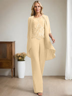 Separates Jumpsuit/Pantsuit Scoop Floor-Length Chiffon Lace Mother of the Bride Dress With Beading Sequins