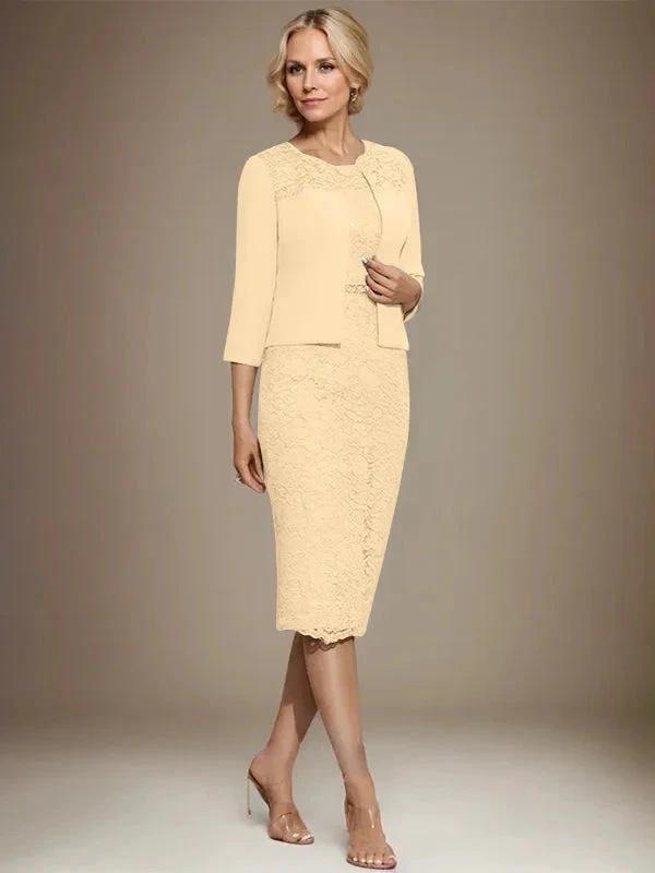 Sheath/Column Scoop Knee-Length Chiffon Lace Mother of the Bride Dress With Beading by Dreamylily