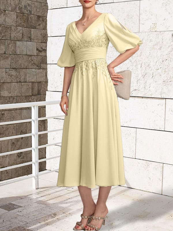 A-line V-Neck Tea-Length Lace Chiffon Mother of the Bride Dress With Pleated by Dreamylily