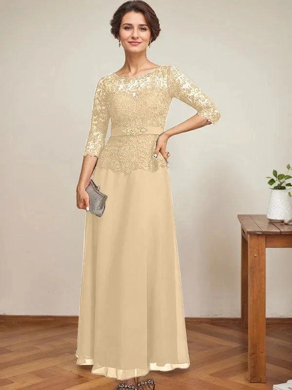 A-line Scoop Illusion Ankle-Length Chiffon Lace Mother of the Bride Dress With Rhinestone Beading by Dreamylily