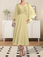 A-line V-Neck Tea-Length Chiffon Lace Mother of the Bride Dress With Beading Sequins by Dreamylily