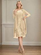 Sheath/Column Scoop Illusion Knee-Length Lace Chiffon Mother of the Bride Dress With Cascading Ruffles Sequins by Dreamylily