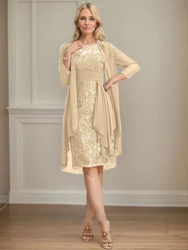 Sheath/Column Scoop Illusion Knee-Length Lace Chiffon Mother of the Bride Dress With Cascading Ruffles Sequins by Dreamylily
