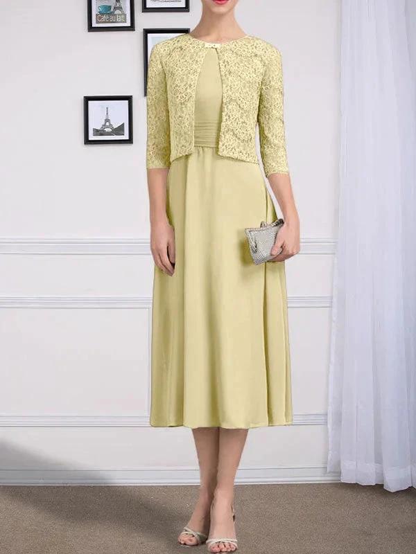 A-line Scoop Tea-Length Chiffon Mother of the Bride Dress With Pleated by Dreamylily