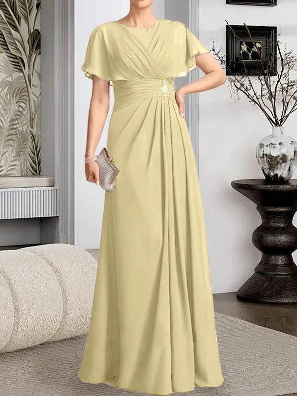 A-line Scoop Floor-Length Chiffon Mother of the Bride Dress With Pleated Beading by Dreamylily