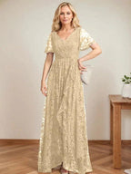 A-Line V-Neck Asymmetrical Lace Mother of the Bride Dress With Cascading Ruffles by Dreamylily