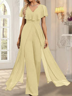 Jumpsuit/Pantsuit V-Neck Floor-Length Chiffon Evening Dress