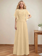 A-line Scoop Illusion Floor-Length Lace Chiffon Mother of the Bride Dress With Sequins by Dreamylily