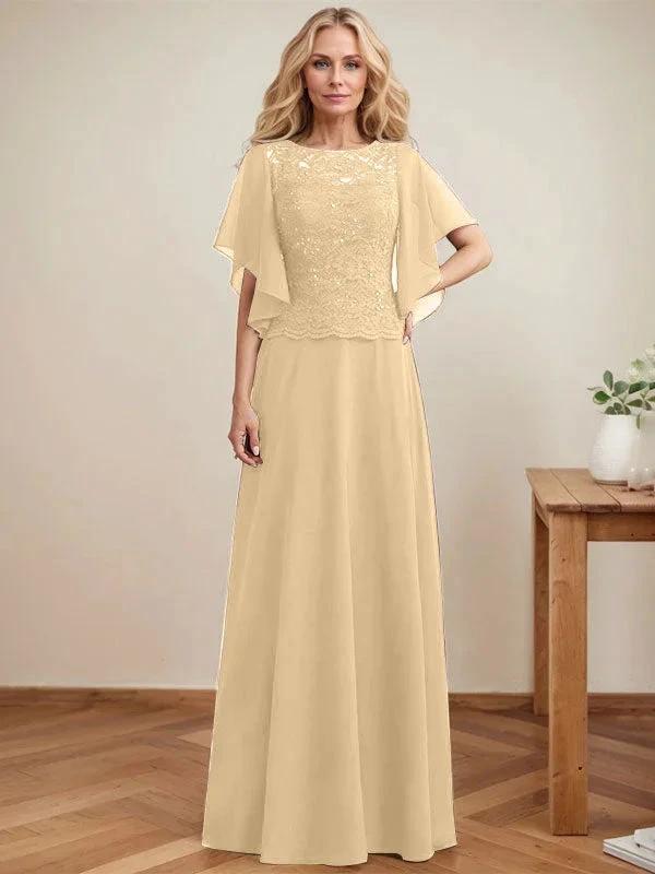 A-line Scoop Illusion Floor-Length Lace Chiffon Mother of the Bride Dress With Sequins by Dreamylily