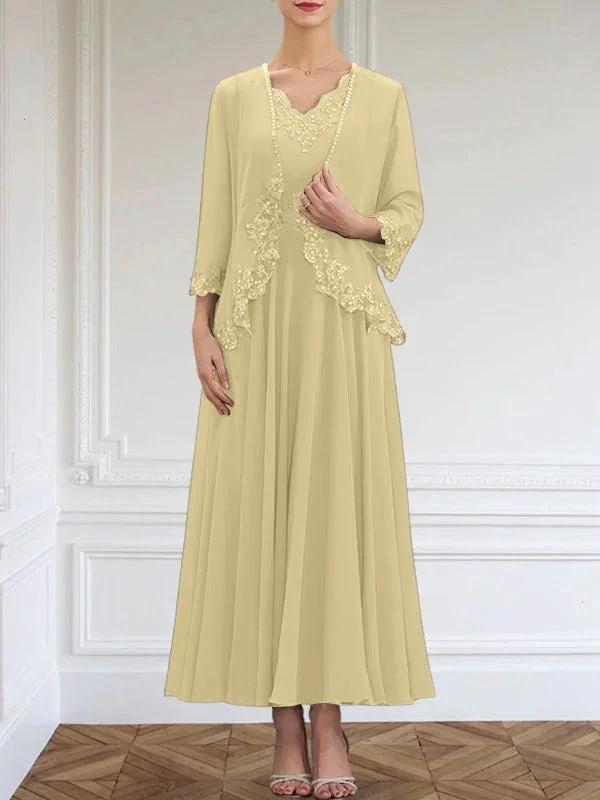 A-line V-Neck Ankle-Length Chiffon Mother of the Bride Dress With Sequins Appliques Lace Beading by Dreamylily