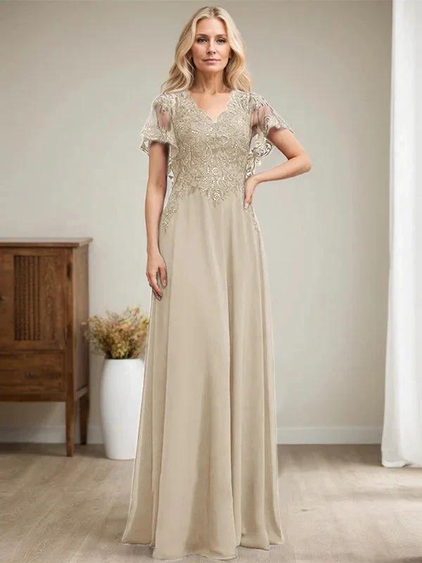 A-line V-Neck Floor-Length Lace Chiffon Mother of the Bride Dress With Sequins by Dreamylily
