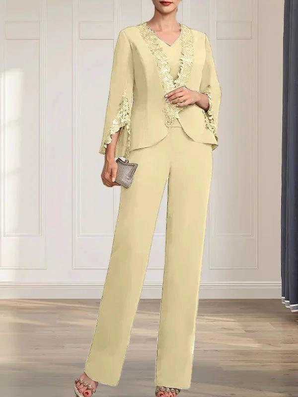 Separates Jumpsuit/Pantsuit V-Neck Floor-Length Chiffon Mother of the Bride Dress by Dreamylily