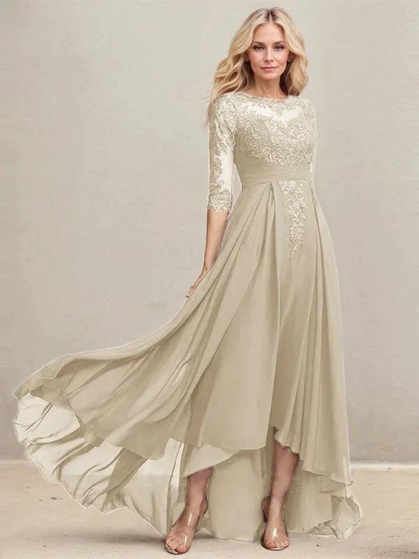 A-line Scoop Illusion Asymmetrical Lace Chiffon Mother of the Bride Dress With Pleated Sequins by Dreamylily