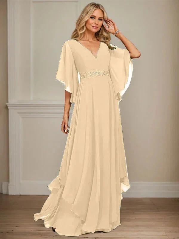 A-line V-Neck Floor-Length Chiffon Mother of the Bride Dress With Sequins Appliques Lace Beading by Dreamylily