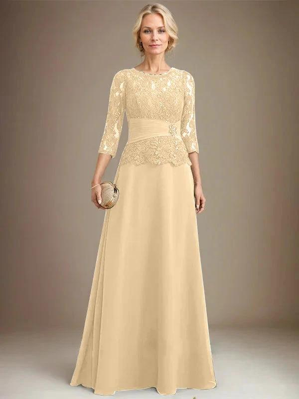 A-line Scoop Illusion Floor-Length Chiffon Lace Mother of the Bride Dress With Pleated Sequins Beading by Dreamylily
