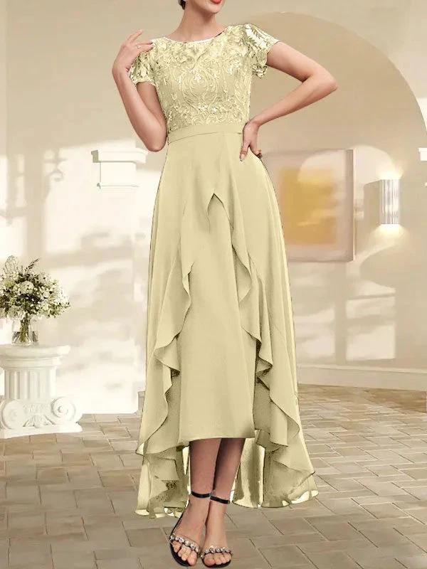 A-line Scoop Illusion Asymmetrical Chiffon Lace Mother of the Bride Dress With Bow Ruffle Sequins by Dreamylily