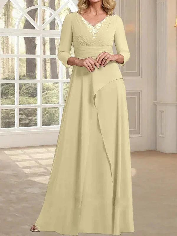 A-line V-Neck Floor-Length Chiffon Mother of the Bride Dress With Pleated Beading by Dreamylily