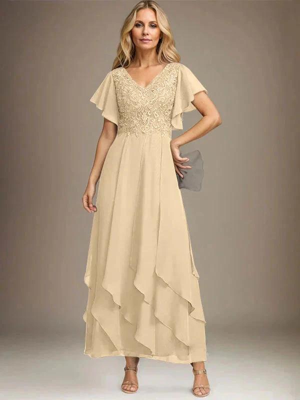 A-line V-Neck Ankle-Length Lace Chiffon Mother of the Bride Dress With Cascading Ruffles by Dreamylily