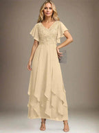 A-line V-Neck Ankle-Length Lace Chiffon Mother of the Bride Dress With Cascading Ruffles by Dreamylily