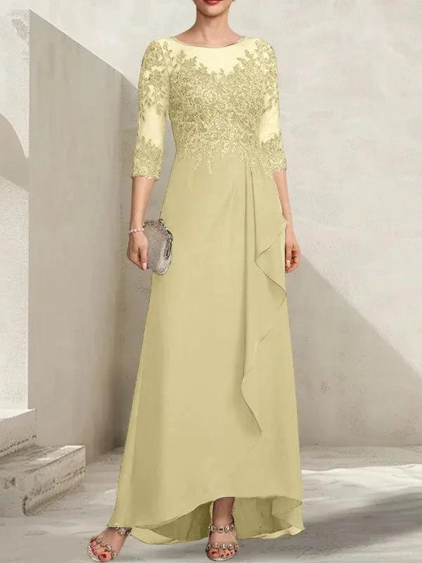 A-line Scoop Illusion Asymmetrical Lace Chiffon Mother of the Bride Dress With Sequins Cascading Ruffles by Dreamylily