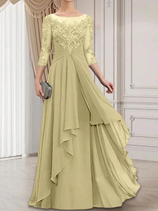 A-line Scoop Illusion Floor-Length Lace Chiffon Mother of the Bride Dress With Cascading Ruffles by Dreamylily