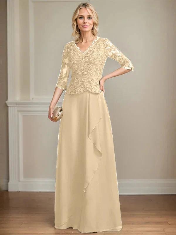 A-line V-Neck Floor-Length Lace Chiffon Mother of the Bride Dress With Cascading Ruffles Sequins by Dreamylily
