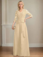 A-line V-Neck Floor-Length Lace Chiffon Mother of the Bride Dress With Cascading Ruffles Sequins by Dreamylily
