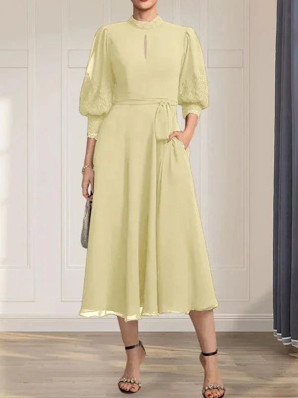 A-line High Neck Tea-Length Lace Chiffon Mother of the Bride Dress With Bow by Dreamylily