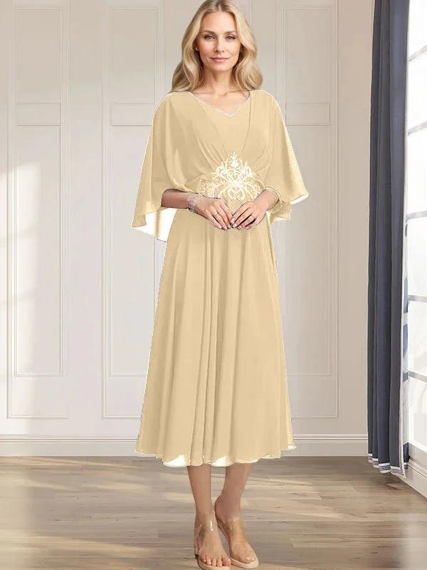 A-line V-Neck Tea-Length Chiffon Mother of the Bride Dress With Pleated Sequins Appliques Lace Beadind by Dreamylily